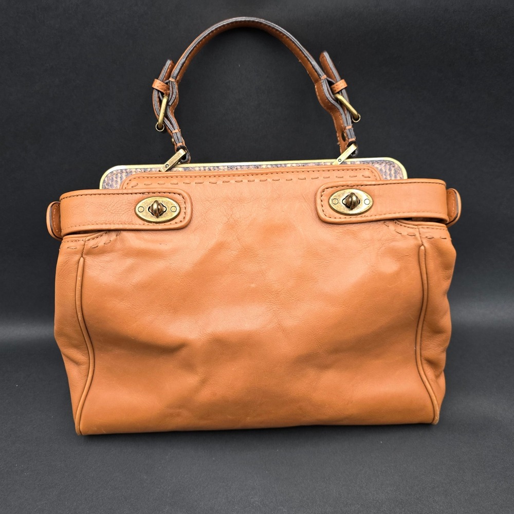 Vintage Talbots Tan Leather Purse Handbag Snakeskin Trim Brass Turn Lock